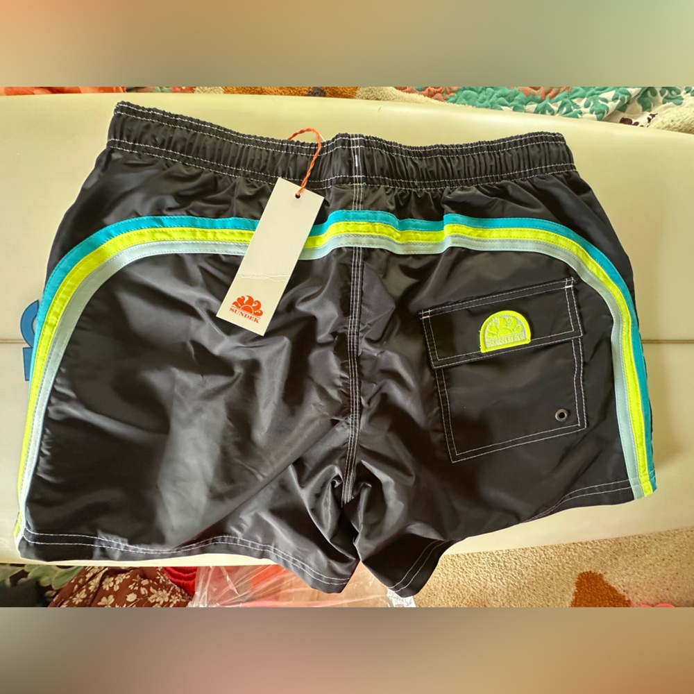 Sundek Black Swim Board Shorts with Blue and Yellow Accents